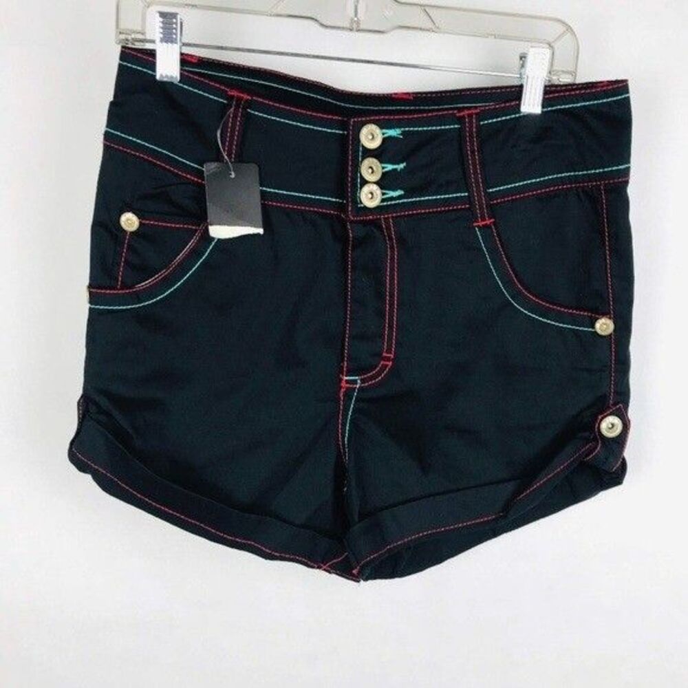 Mizkeen Shorts Juniors Size 11 Black High Waist Black Cuffed Colorful Stitch